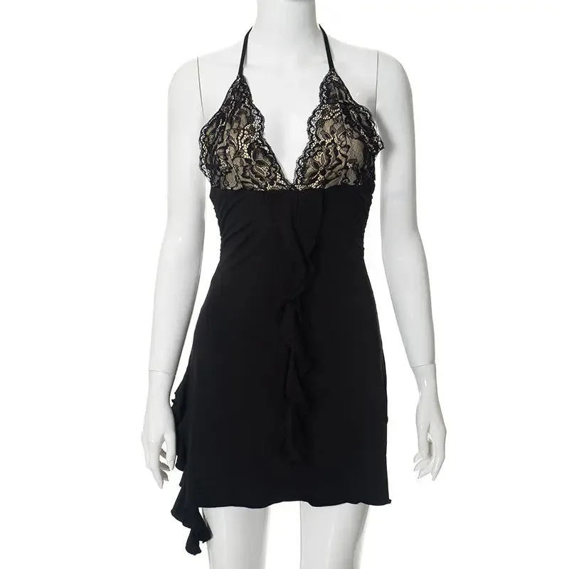 Womens Backless Lace Pleated Sheath Dress - Halter Ruffled Autumn Winter Fashion