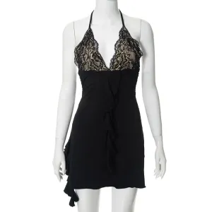 Womens Backless Lace Pleated Sheath Dress - Halter Ruffled Autumn Winter Fashion