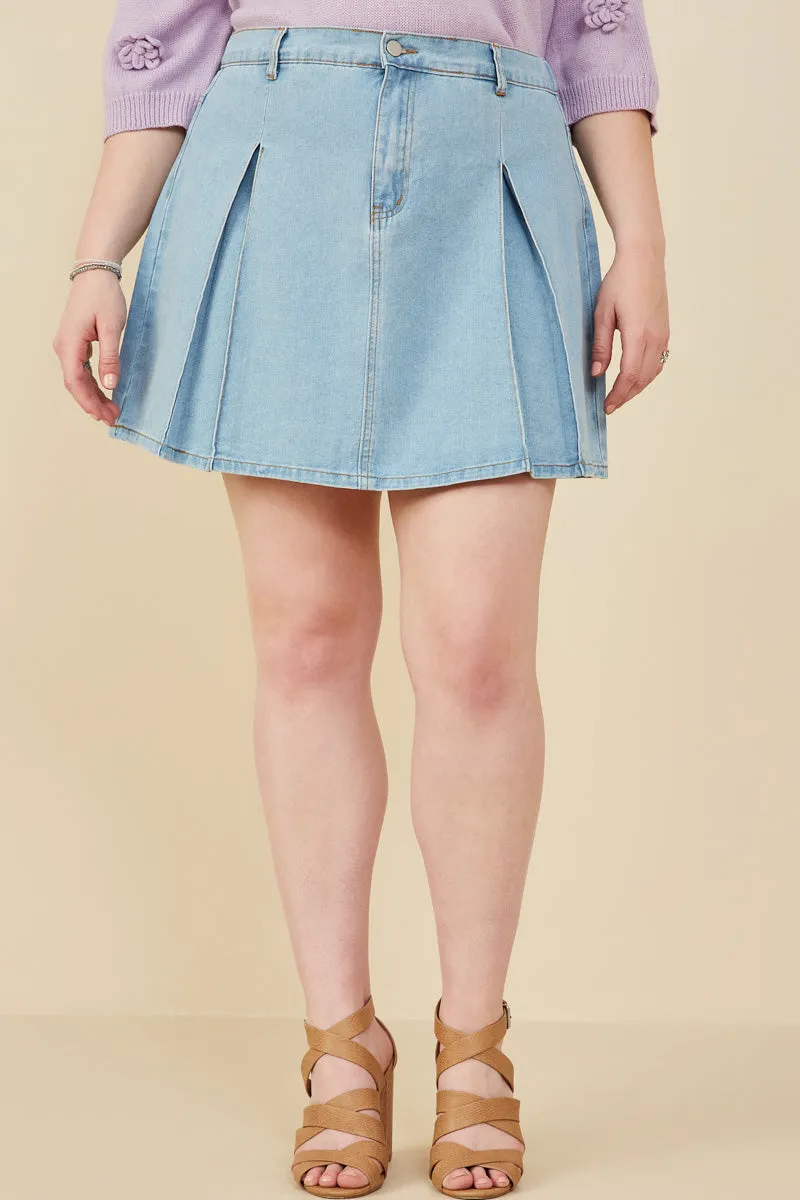 Womens Box Pleated Washed Denim Skirt