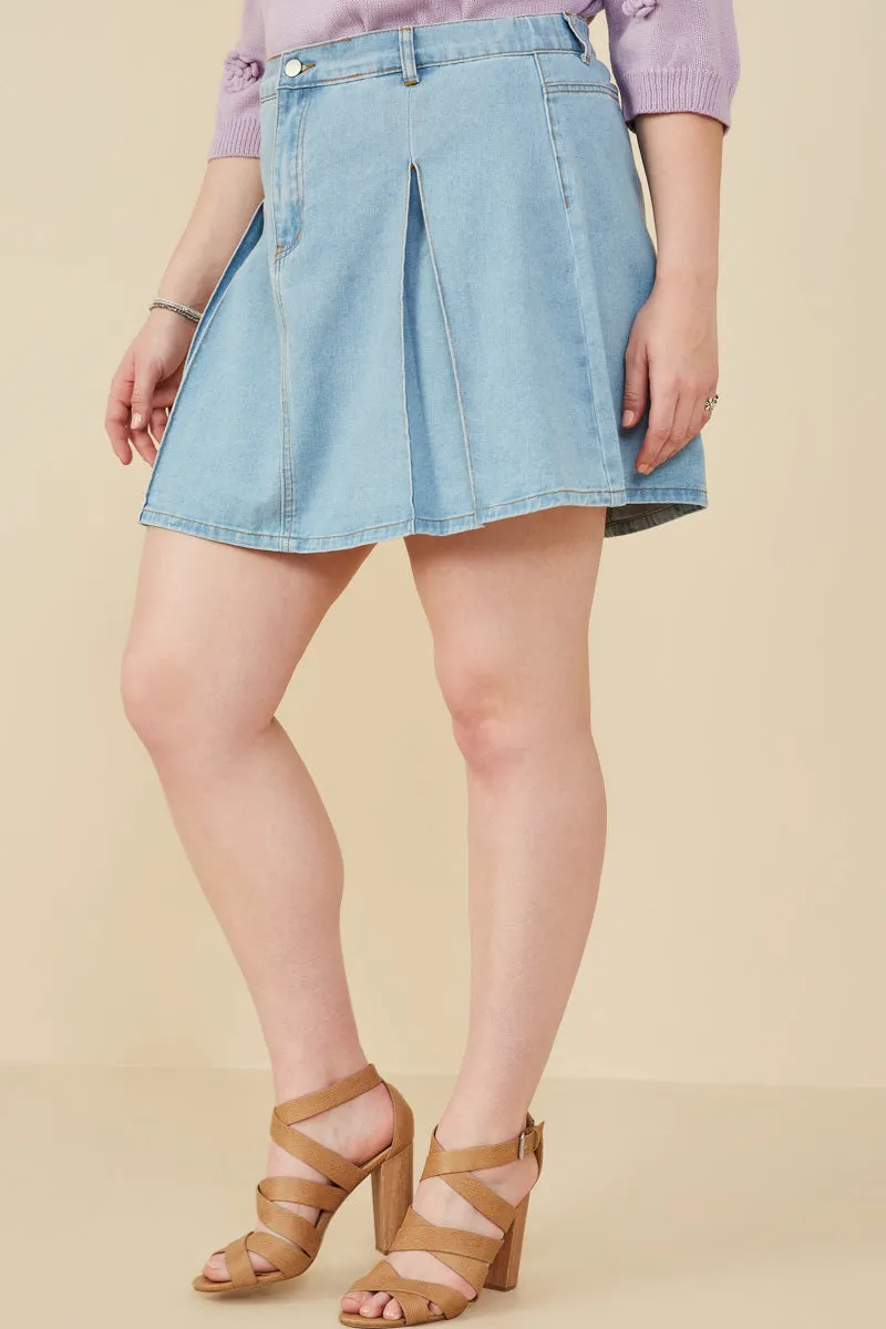 Womens Box Pleated Washed Denim Skirt
