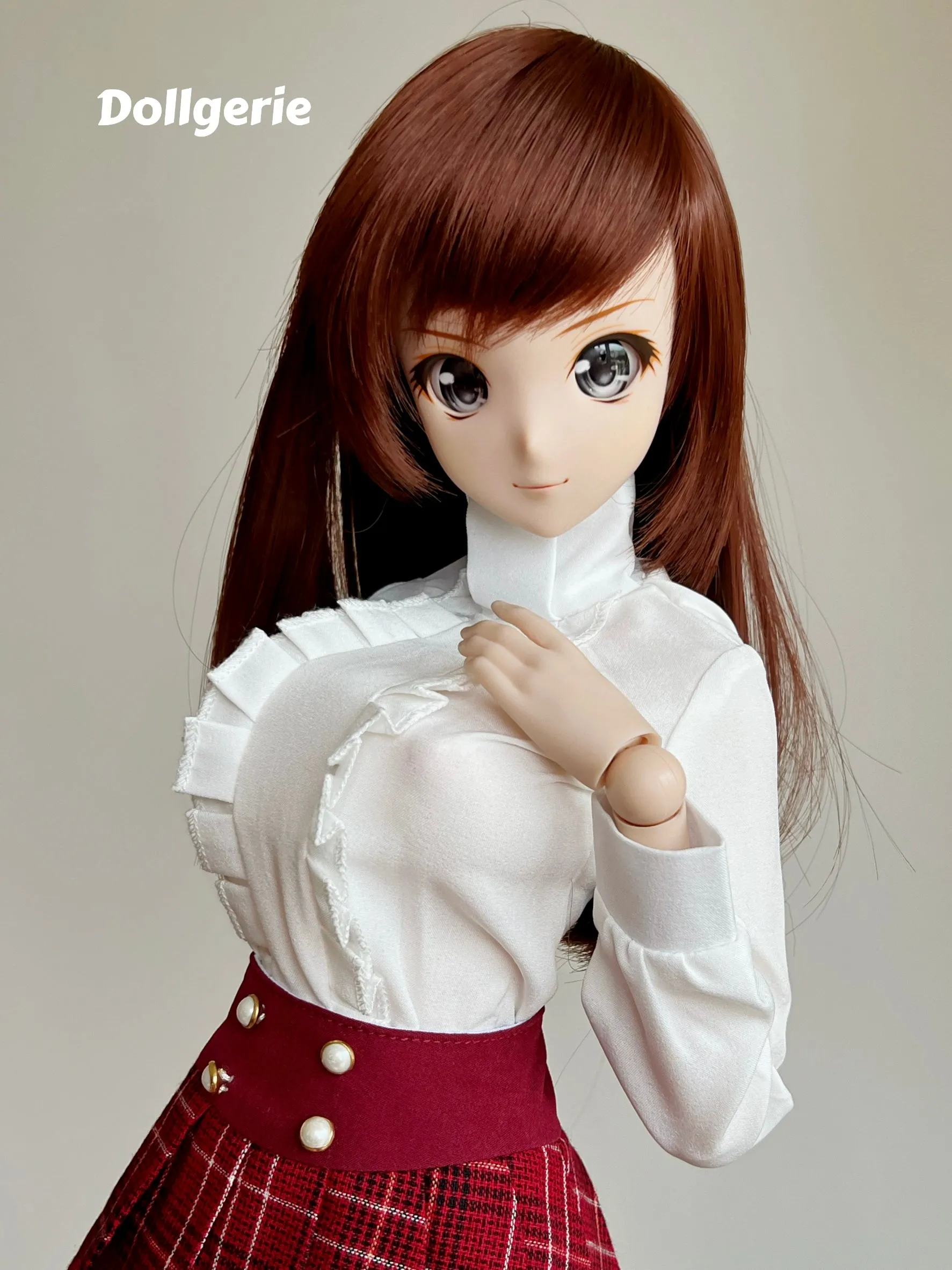 XL White Blouse and Burgundy Pleated Mini Skirt Set for SmartDoll or DD