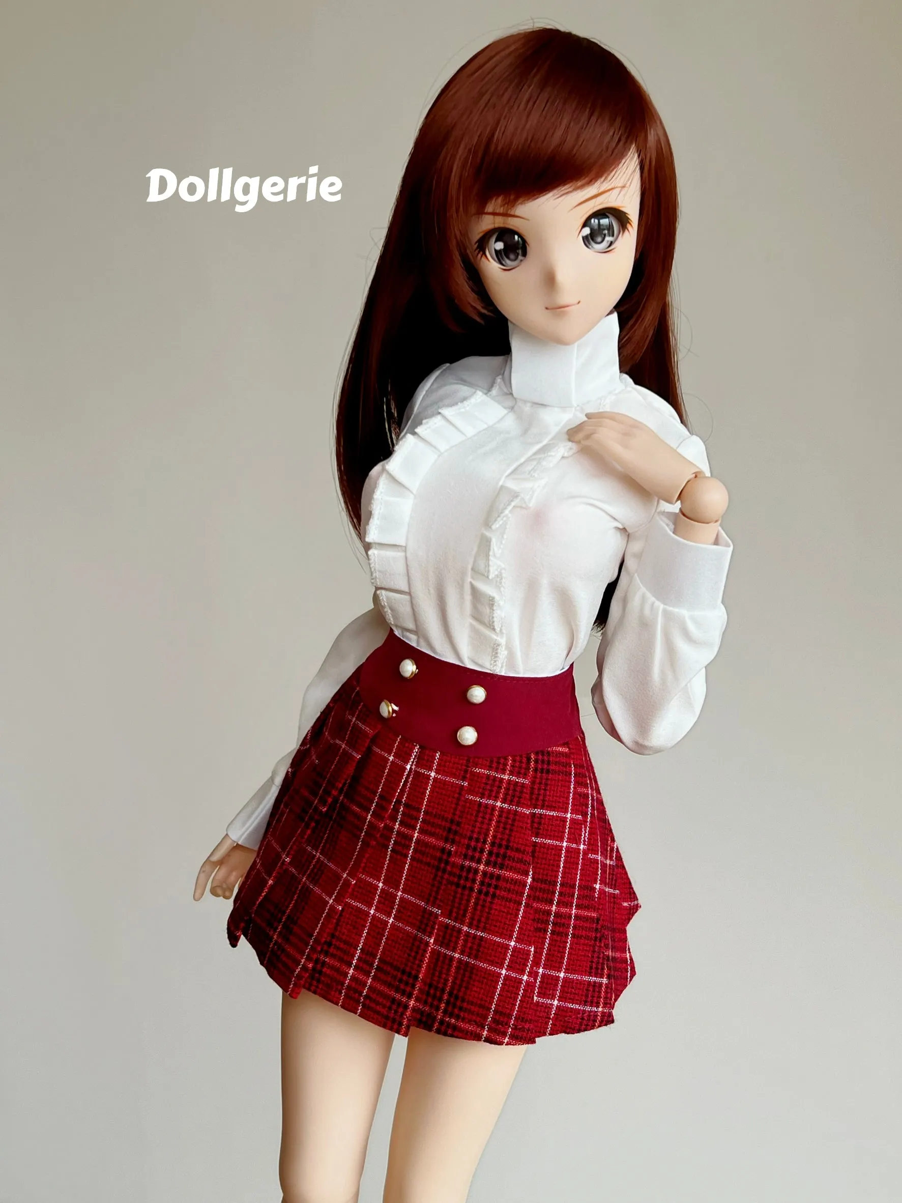 XL White Blouse and Burgundy Pleated Mini Skirt Set for SmartDoll or DD