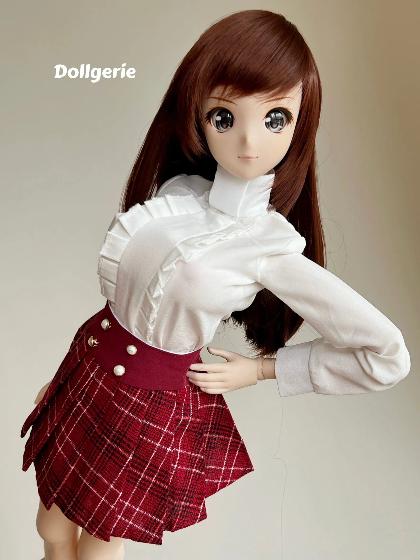 XL White Blouse and Burgundy Pleated Mini Skirt Set for SmartDoll or DD