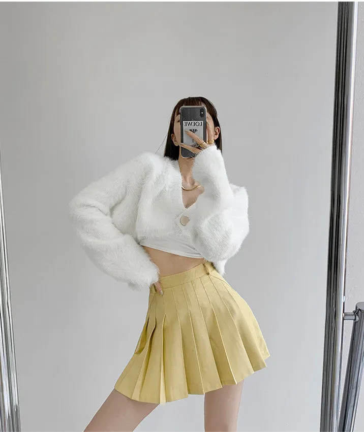 Yellow High Waist Pleated Skirt  KF81051