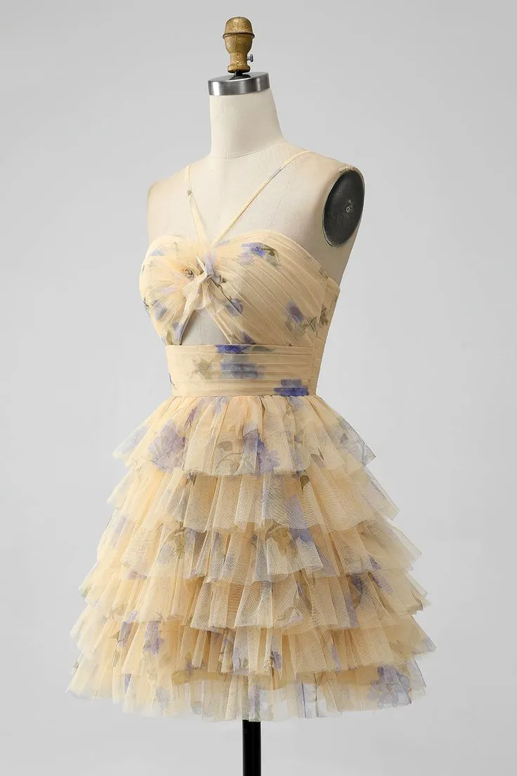Yellow Print Keyhole Ruffle Tiered Short Homecoming Dress       fg5965