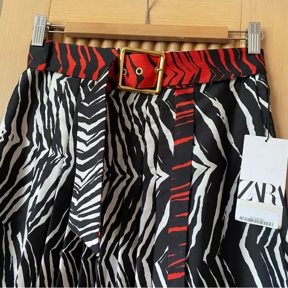 Zara zebra print pleated midi skirt with detachable belt