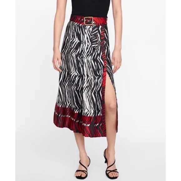 Zara zebra print pleated midi skirt with detachable belt