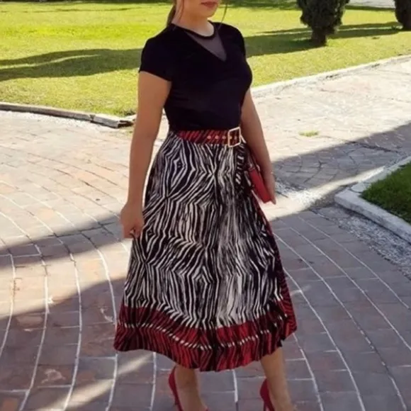Zara zebra print pleated midi skirt with detachable belt