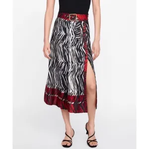 Zara zebra print pleated midi skirt with detachable belt