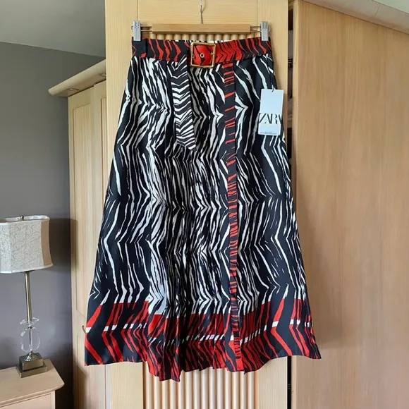 Zara zebra print pleated midi skirt with detachable belt