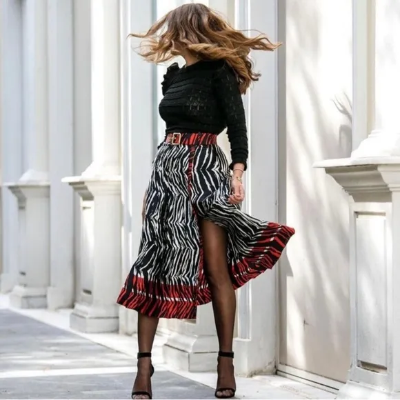 Zara zebra print pleated midi skirt with detachable belt